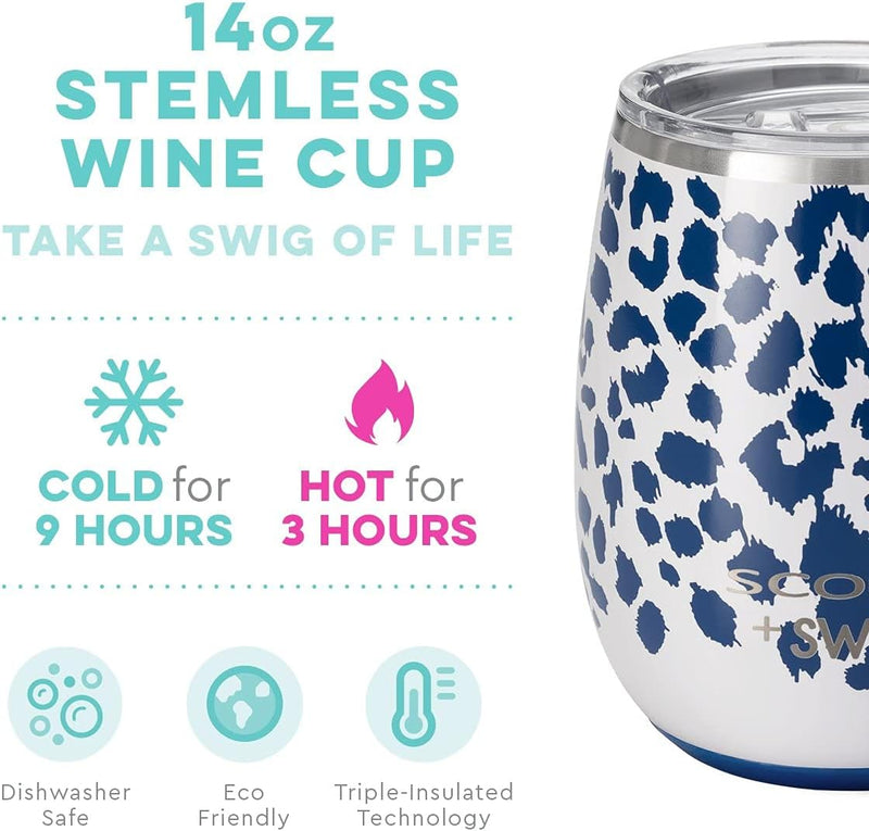 14oz SCOUT+Swig Stemless Wine Cup | Leopard Noir Wine Glasses Swig  Paper Skyscraper Gift Shop Charlotte