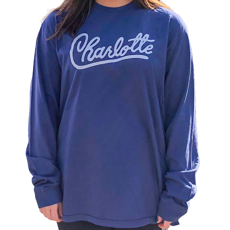 XL Navy Long Sleeve Charlotte + Chris Hood T-Shirt Apparel Reworn  Paper Skyscraper Gift Shop Charlotte