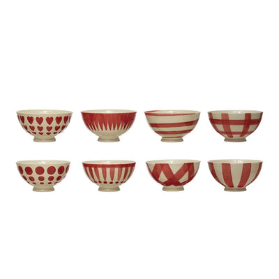4-1/2" Round x 2-1/4"H Hand-Painted Stoneware Latte Bowl, White and Red | Assorted Holiday Creative Co-Op  Paper Skyscraper Gift Shop Charlotte