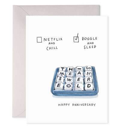 Boggle and Sleep | Netflix & Chill Anniversary Greeting Card  E Frances Paper Inc  Paper Skyscraper Gift Shop Charlotte