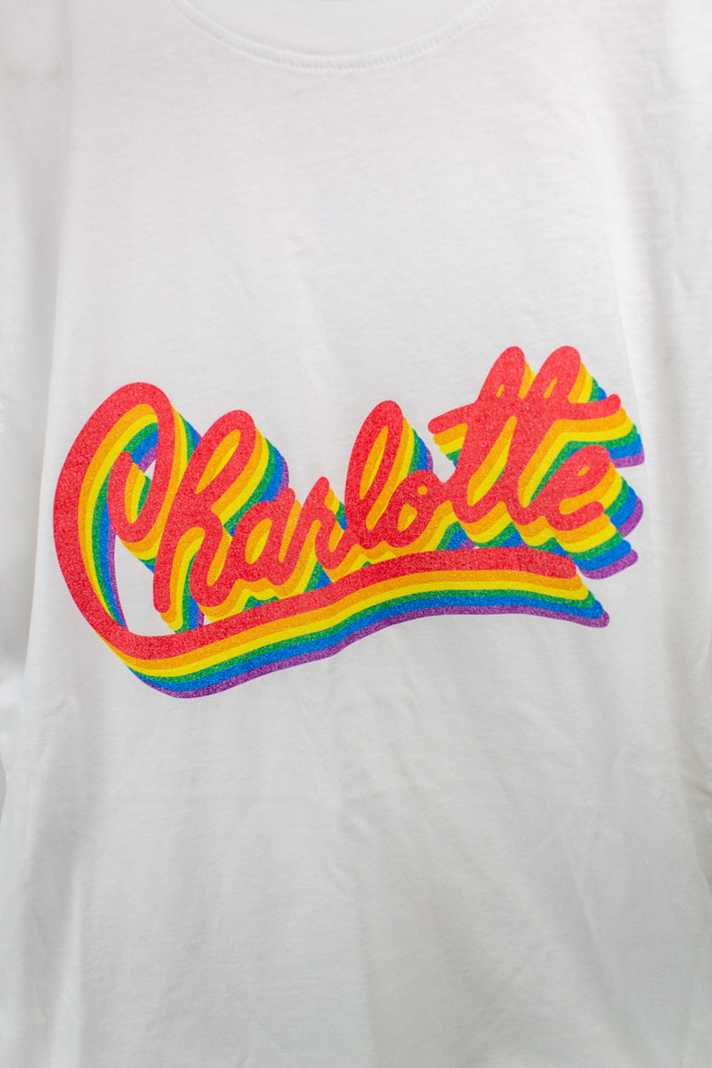 Charlotte Rainbow T-Shirt | White Apparel Reworn  Paper Skyscraper Gift Shop Charlotte