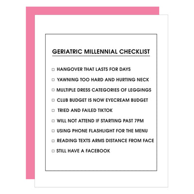 Geriatric Millennial Checklist Letterpress Card | Birthday Card Cards Chez Gagné  Paper Skyscraper Gift Shop Charlotte