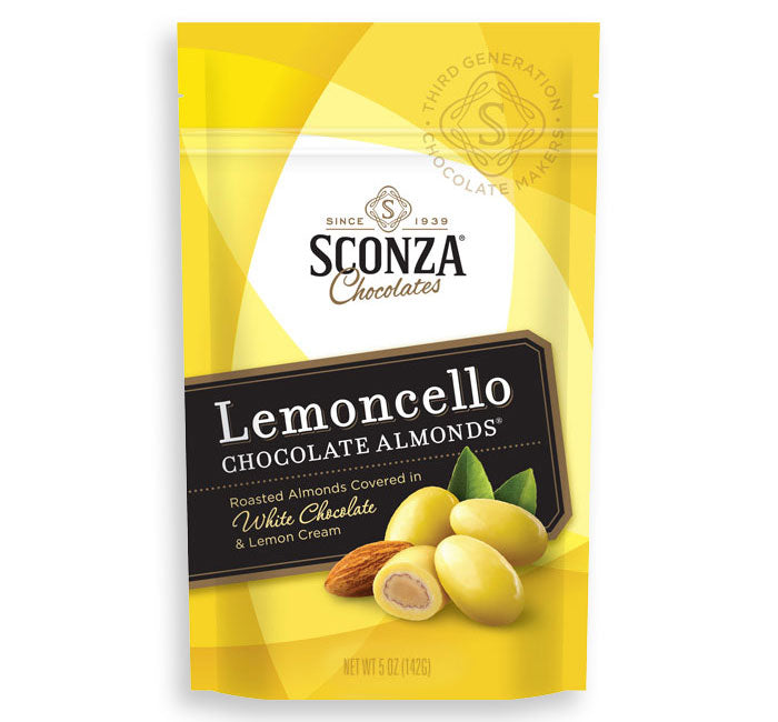 SCONZA STAND UP POUCH - WHITE LEMONCELLO ALMONDS Food Redstone Foods  Paper Skyscraper Gift Shop Charlotte