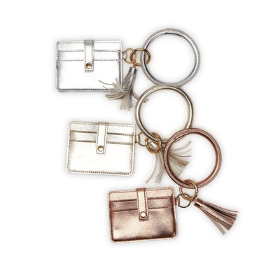 Metallic Vegan Leather Bangle Keychain Holder with Card Case | Assorted Wallets Two's Company  Paper Skyscraper Gift Shop Charlotte
