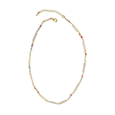 Turquoise + Coral Beaded Gold Necklace