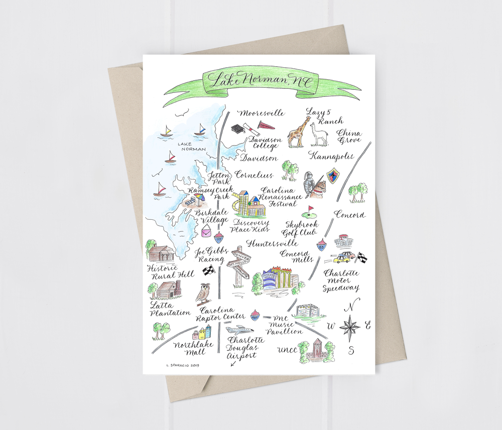 Lake Norman, Nc 5x7" Folded Greeting Card Cards The Write Occasion Calligraphy Paper Skyscraper Gift Shop Charlotte