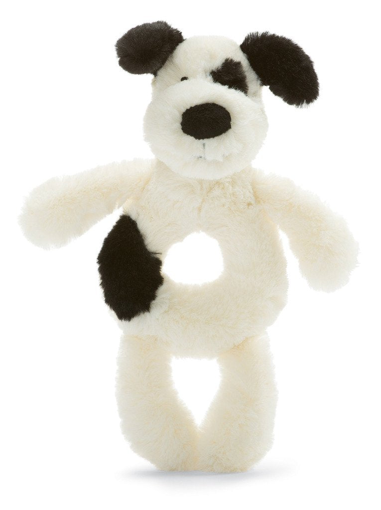 BASHFUL BLACK & CREAM PUPPY RING RATTLE Baby Jellycat  Paper Skyscraper Gift Shop Charlotte