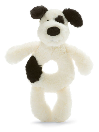 BASHFUL BLACK & CREAM PUPPY RING RATTLE Baby Jellycat  Paper Skyscraper Gift Shop Charlotte