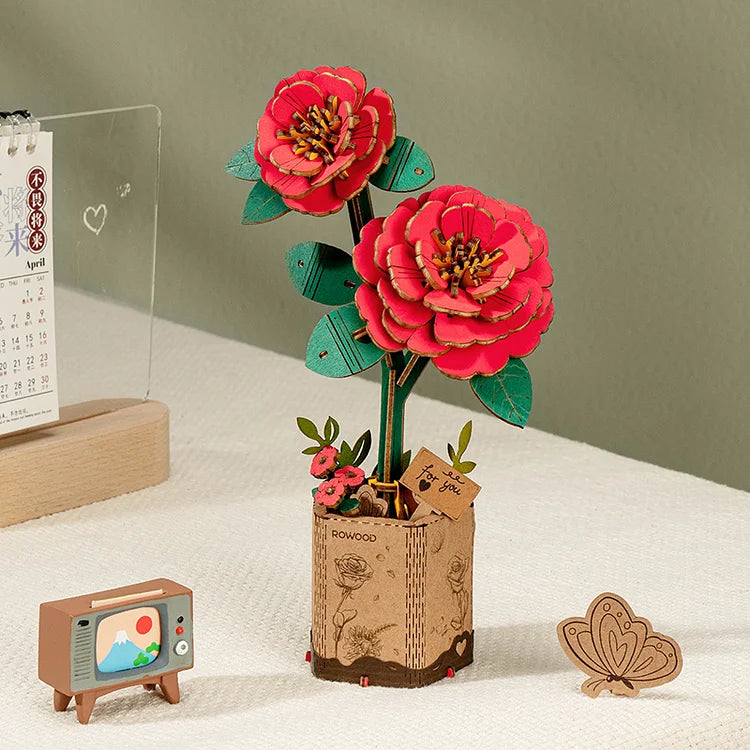 Red Camellia DIY Wooden Flower 3D Puzzle