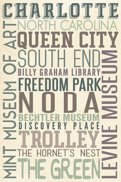 Charlotte, North Carolina - Typography - Lantern Press Artwork Postcard, Wood