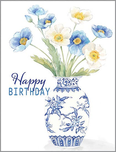 With Scripture Birthday Card - Blue Flowers in China Vase  GINA B DESIGNS  Paper Skyscraper Gift Shop Charlotte
