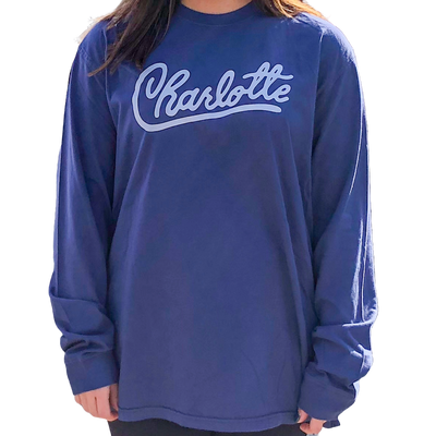 2XL Navy Long Sleeve Charlotte + Chris Hood T-Shirt Apparel Reworn  Paper Skyscraper Gift Shop Charlotte