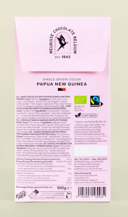 Puffed Quinoa & Pink Pepper 73% Cacao Dark Chocolate Bar Food Meurisse  Paper Skyscraper Gift Shop Charlotte