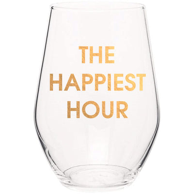 The Happiest Hour Stemless Wine Glass drinkware Chez Gagné  Paper Skyscraper Gift Shop Charlotte