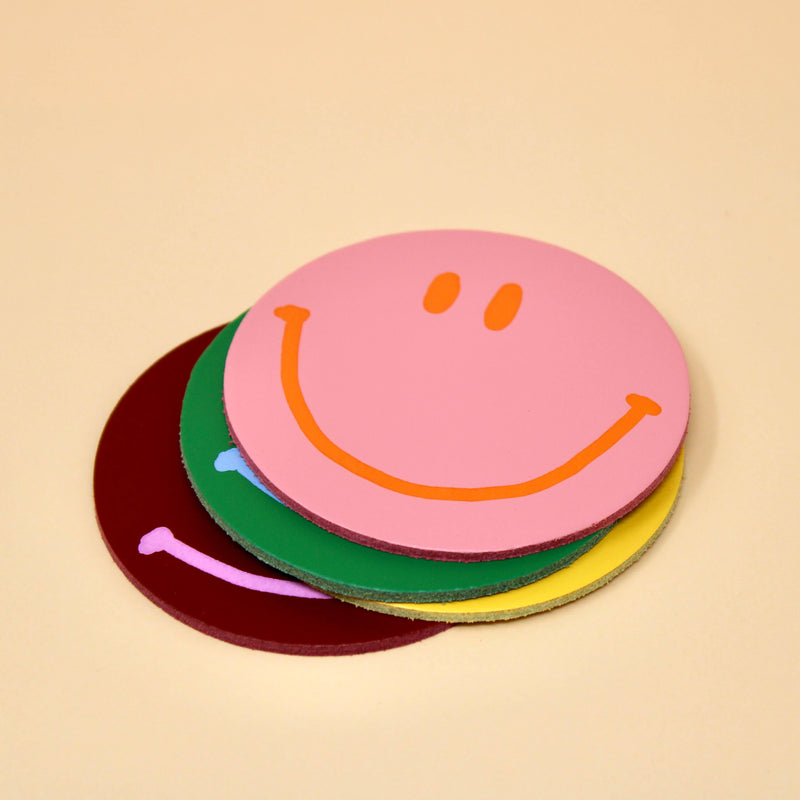 Happy Face Smiley Leather Coasters | Set of 4 Coasters Ark Colour Design  Paper Skyscraper Gift Shop Charlotte