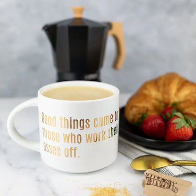 Good Things Come - White Mug with Gold Foil Cards Chez Gagné  Paper Skyscraper Gift Shop Charlotte