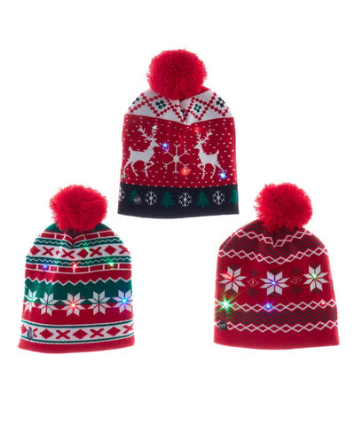 Battery Operated LED Christmas Pattern Knit Hats, Assorted