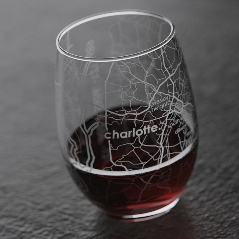 Charlotte Map Stemless Wine Glass Drinkware Well Told Paper Skyscraper Gift Shop Charlotte