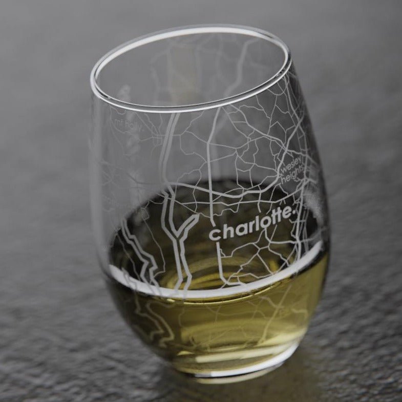 Charlotte Map Stemless Wine Glass Drinkware Well Told Paper Skyscraper Gift Shop Charlotte