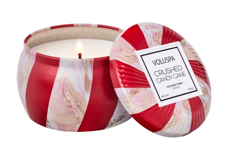 Crushed Candy Cane Mini Tin Candles Voluspa Paper Skyscraper Gift Shop Charlotte