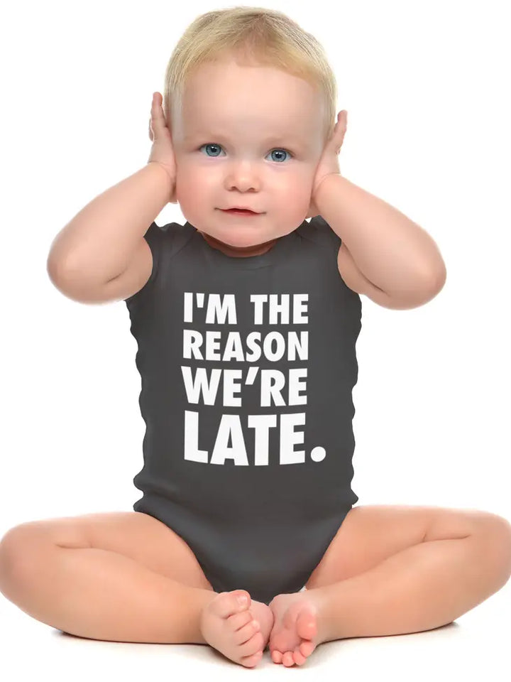 I'm The Reason We're Late - Baby Bodysuit | 0-6M - Grey by Wry Baby Baby Wry Baby Paper Skyscraper Gift Shop Charlotte