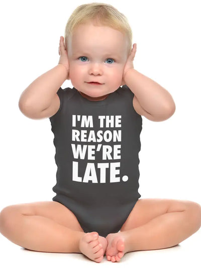 I'm The Reason We're Late • Baby Bodysuit | 0-6 M - Grey  Wry Baby  Paper Skyscraper Gift Shop Charlotte