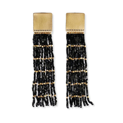 Harlow brass top solid with gold stripe beaded fringe earrings black Jewelry ink + alloy  Paper Skyscraper Gift Shop Charlotte