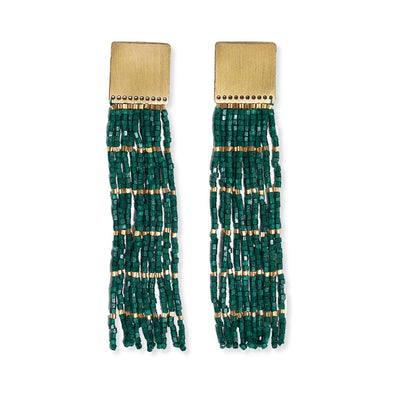 Harlow brass top solid with gold stripe beaded fringe earrings emerald Jewelry ink + alloy  Paper Skyscraper Gift Shop Charlotte