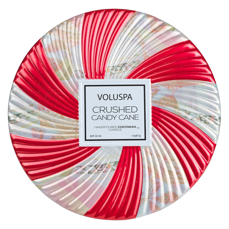 Holiday Crushed Candy Cane | 3 Wick Tin Candle Candles Voluspa  Paper Skyscraper Gift Shop Charlotte