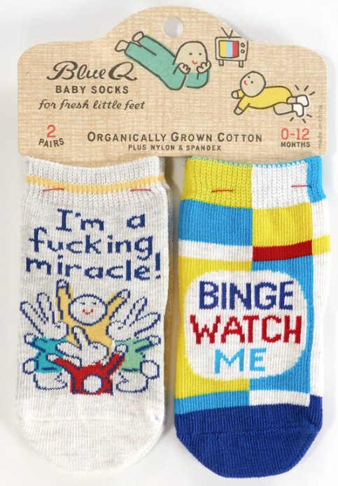 I'm A Fucking Miracle!/ Binge Watch Me Baby Socks Apparel & Accessories - Socks Blue Q Paper Skyscraper Gift Shop Charlotte