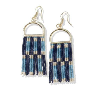 Allison Navy Light Blue Ivory Check Stripe Fringe Seed Bead Earrings Jewelry ink + alloy  Paper Skyscraper Gift Shop Charlotte