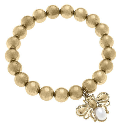 Pearl Bumble Bee & Gold Ball Bead Stretch Bracelet | Worn Gold  Canvas Style  Paper Skyscraper Gift Shop Charlotte