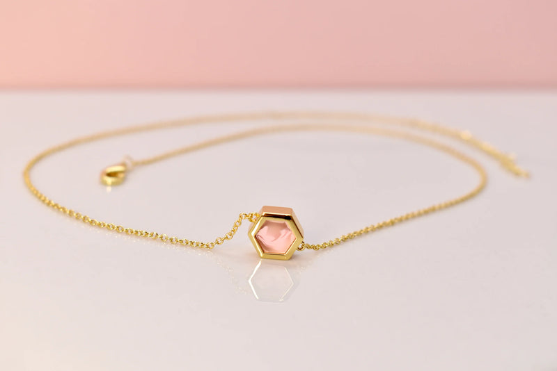 14k Gold Hexagon Necklace with Rose Quartz Marbled Clay Necklaces Cold Gold  Paper Skyscraper Gift Shop Charlotte
