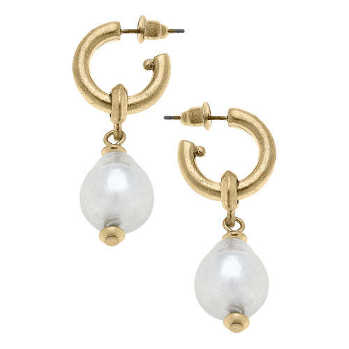 Organic Pearl Drop Hoop Earrings| Worn Gold  Canvas Style  Paper Skyscraper Gift Shop Charlotte