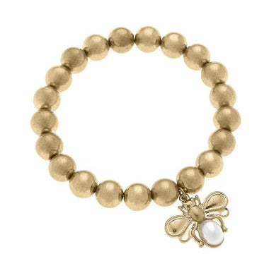 Pearl Bumble Bee & Gold Ball Bead Stretch Bracelet | Worn Gold  Canvas Style  Paper Skyscraper Gift Shop Charlotte