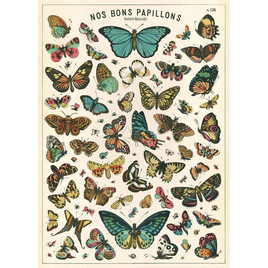 Flat wrap sheet titled Nos Bons Papillons: numbered rows of vintage butterflies and moths in blue, orange and yellow on cream