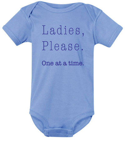 Blue Onesie - 12M | Ladies, please. One at a time  Ellembee Home  Paper Skyscraper Gift Shop Charlotte