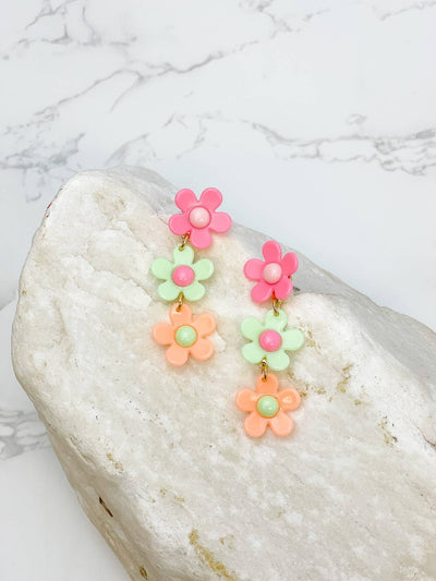 Colorful Daisy Dangle Earrings | Pink Green Orange Earrings Prep Obsessed Wholesale  Paper Skyscraper Gift Shop Charlotte