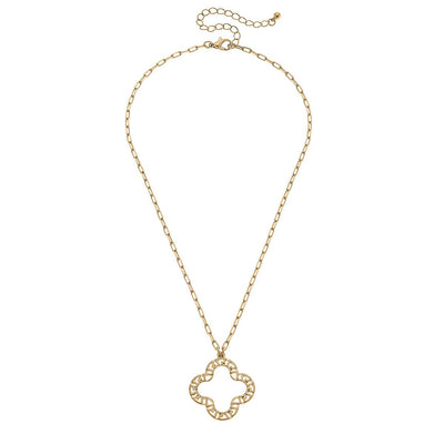 Kristin Greek Keys Clover Pendant Necklace in Worn Gold  Canvas Style  Paper Skyscraper Gift Shop Charlotte