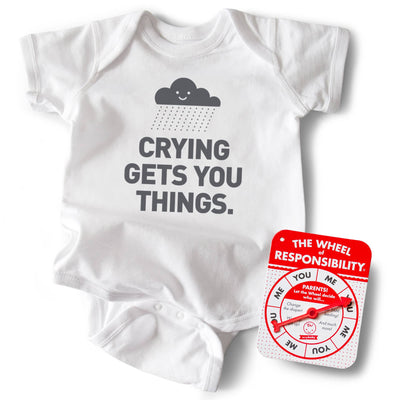 Crying Gets You Things Onesie 0-6M | White Baby Wry Baby  Paper Skyscraper Gift Shop Charlotte