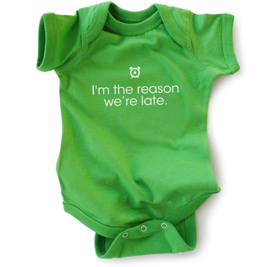 I'm the Reason We're Late Onesie 0-6M | Green Baby Wry Baby  Paper Skyscraper Gift Shop Charlotte