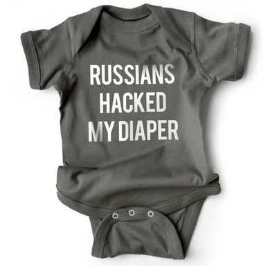 Russians Hacked My Diaper • Baby Bodysuit • Charcoal  Wry Baby  Paper Skyscraper Gift Shop Charlotte