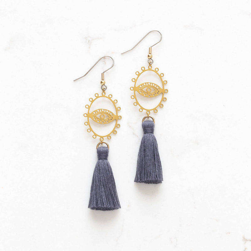 Brass Eye Tassel Earrings - Lilac Jewelry Stitch and Stone  Paper Skyscraper Gift Shop Charlotte