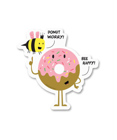 Donut Worry, Bee Happy! (3" x 3" Sticker) Stickers Maginating  Paper Skyscraper Gift Shop Charlotte