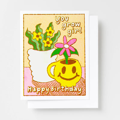 You Grow Girl - Smiley Face Plant Birthday Risograph Card  Yellow Owl Workshop  Paper Skyscraper Gift Shop Charlotte