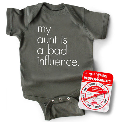 My Aunt Is A Bad Influence Onesie 0-6M | Grey Baby Wry Baby  Paper Skyscraper Gift Shop Charlotte