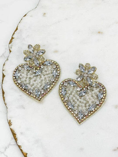Glitzy Rhinestone Heart Dangle Earrings: White