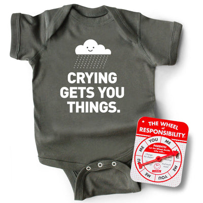 Crying Gets You Things Onesie 6-12M | Grey Baby Wry Baby  Paper Skyscraper Gift Shop Charlotte