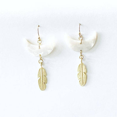 White Acetate Crescent Moon and Feather Dangle Earrings Jewelry Stitch and Stone  Paper Skyscraper Gift Shop Charlotte