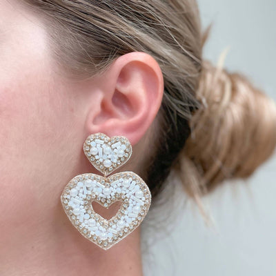 Sparkly Beaded Double Heart Dangle Earrings: Ivory